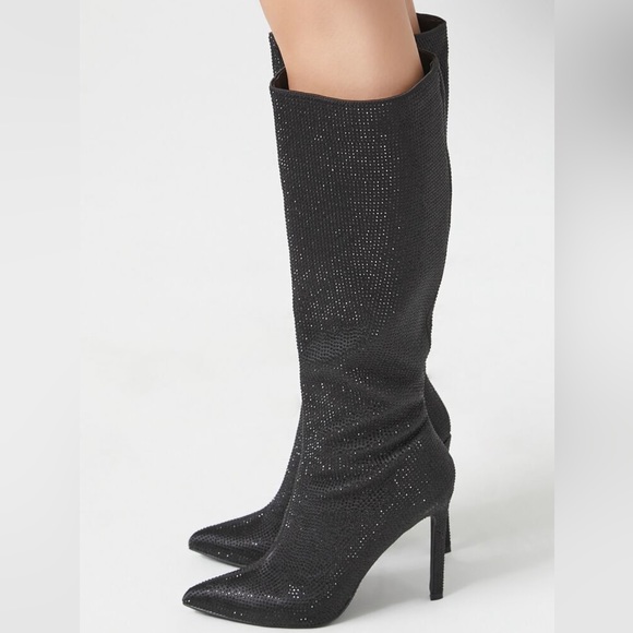 Black Rhinestone Knee High Boots - Picture 2 of 8